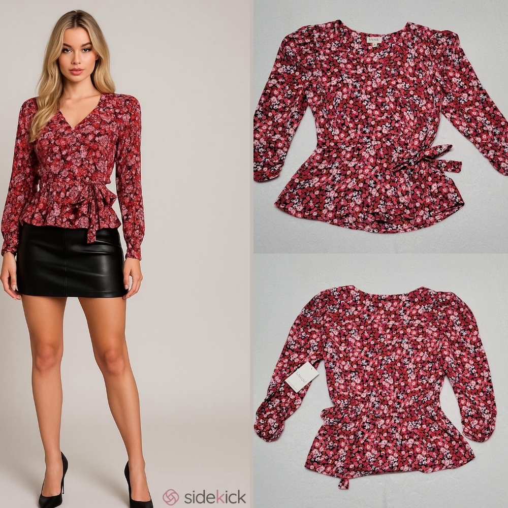 Meraki Red Pink Ditsy Floral Quarter Sleeves Tie-Waist Cropped Peplum Blouse M